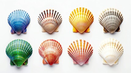 A collection of seashells in a grid pattern.
