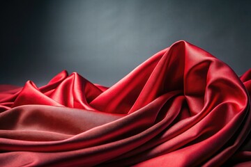 Radiant red silk drapes elegantly against a grey backdrop, showcasing luxurious textile texture in a studio shot.