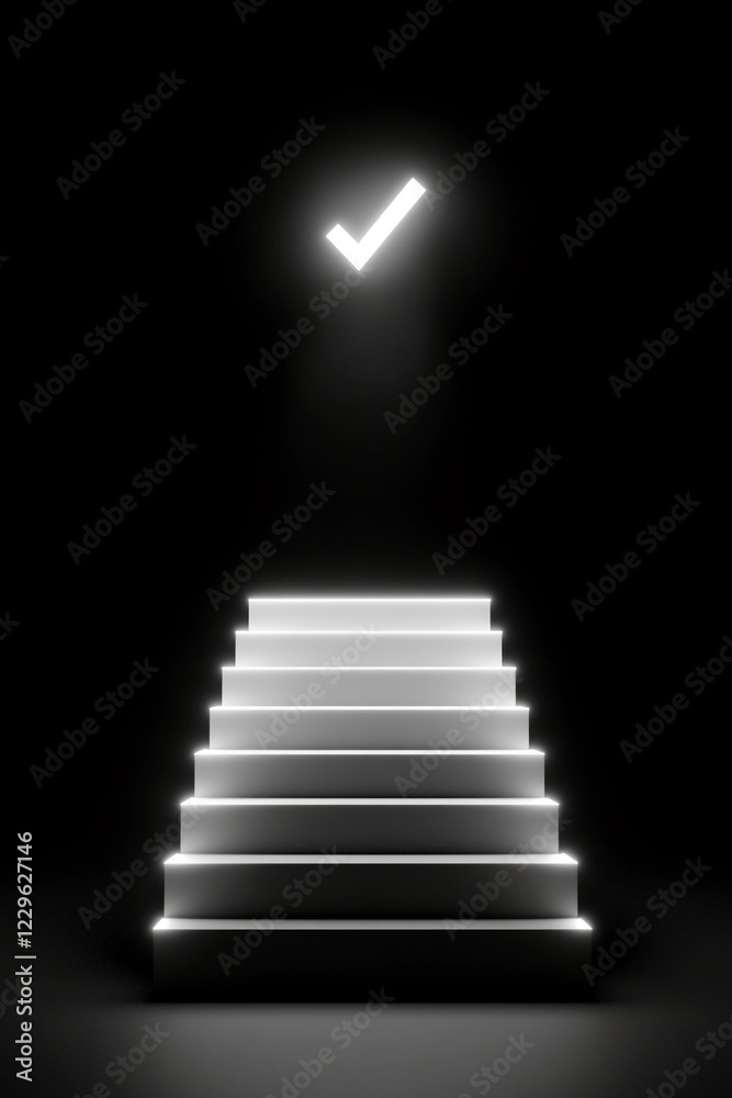 Aufkleber Glowing staircase with bright white steps ascending towards an illuminated checkmark in a dark minimalistic setting, symbolizing success, achievement, and progress