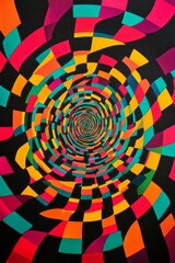 A dynamic abstract image featuring a spiral pattern with vibrant geometric shapes in bold colors, creating an optical illusion.