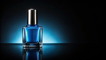 Retro blue nail polish bottle, dramatically lit against a dark background; vintage cosmetics charm.