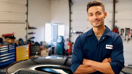 Smiling mechanic in workshop inspects car, highlighting trustworthy automotive service