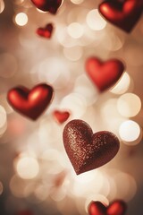 Hearts in various shades of red floating against a blurred background of soft bokeh lights, symbolizing love, romance, and celebration for Valentines Day.