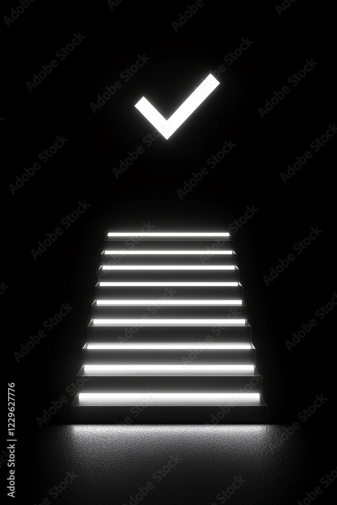 Aufkleber Glowing staircase with bright white steps ascending towards a checkmark in a dark minimalist setting, symbolizing progress, achievement, and success