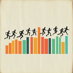 Artistic design. Contemporary collage. Employees moving up a graph, representing career advancement, promotion, and growth