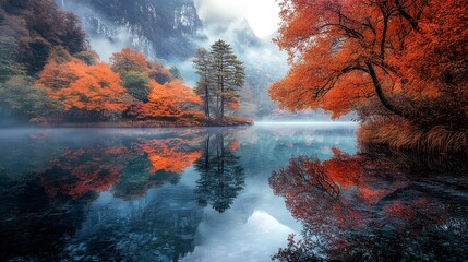 Serene Autumn Landscape with Colorful Trees and Peaceful Water Reflection