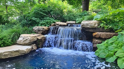 Naklejka premium Tranquil Waterfall Surrounded by Lush Greenery and Rocks