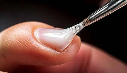 Close-up shot of a nail technician applying a glossy, translucent nail product to a fingernail.  The image showcases the detail of the application process and the texture of the product.