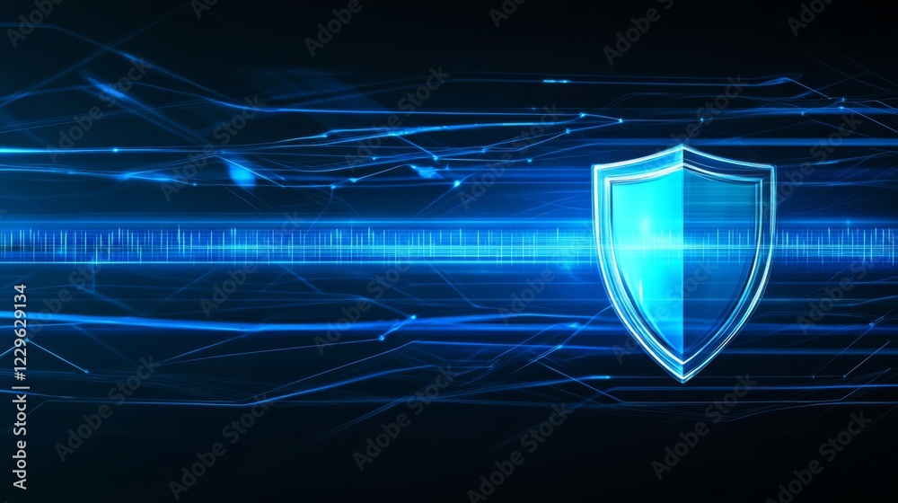 Aufkleber a glowing blue shield symbolizing digital security against cyber threats with abstract lines represe