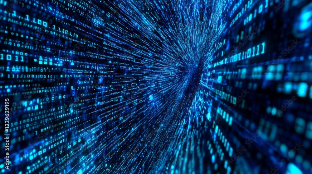 Poster an abstract digital scene showcasing a vortex of glowing blue binary code, representing data flow an