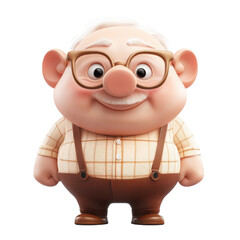 Naklejka premium A cheerful cartoon grandpa figure with glasses and suspenders, radiating warmth and charm., isolated on a transparent background.