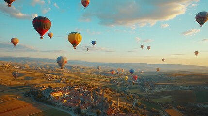 Obraz premium Colorful Hot Air Balloons Floating Over Scenic Landscape at Sunset
