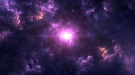 A breathtaking purple sky with clouds, a radiant sun setting in the background, creating an enchanting and dreamy atmosphere. The scene is captured from above, looking down at vast clouds, evoking 