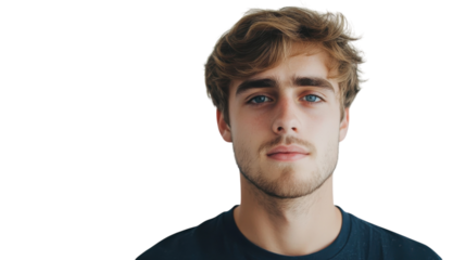 Young man with light brown hair and blue eyes gazes directly at the camera against a plain background