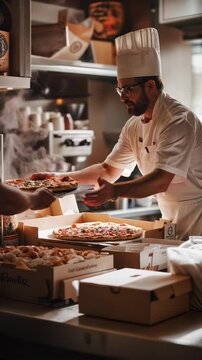 Chef preparing delicious pizzas in a kitchen during a lunch rush at a local restaurant. Ideal for Social Media, Stories