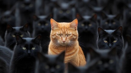 A striking orange cat stands confidently amidst a sea of black cats, creating a captivating contrast and highlighting its unique charm.