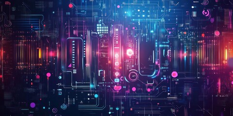 Obraz premium Abstract Futuristic Circuit Board: Neon Lights and Digital Technology