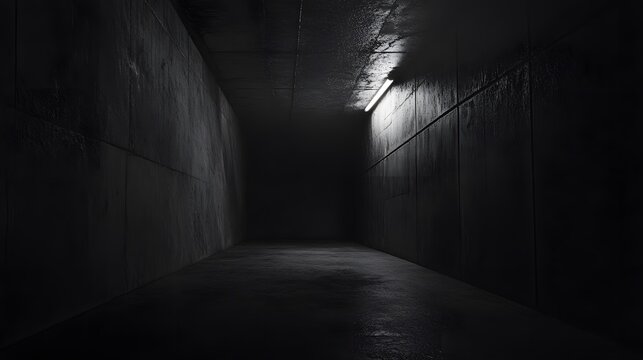 Dark Industrial Corridor with Dim Light and Raw Concrete Walls