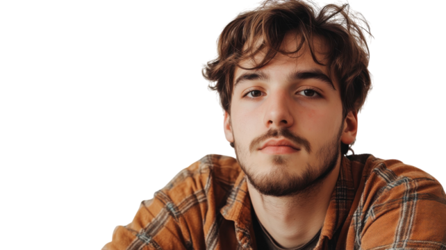 Young man with brown hair and beard posing against a light background in casual attire, displaying a relaxed expression