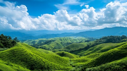Lush Green Rolling Hills Under Bright Clouds and Blue Sky Landscape