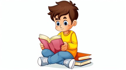 A cartoon boy is sitting on a pile of books and reading.