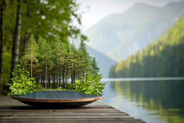 Obraz premium solar panel surrounded by lush trees symbolizes sustainability and nature harmony. This serene landscape showcases balance between technology and environment