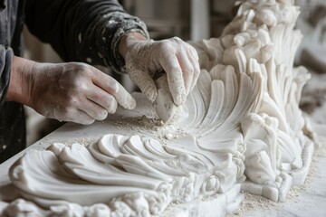 Sculptor shaping intricate details from a marble block as stone chips fly in a serene workshop environment