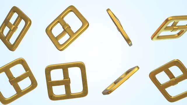 Golden Buckles Falling on a Light Background. Buckles for Belts Garments. 4K