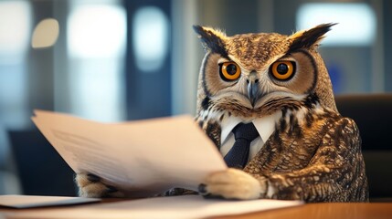 A wise-looking owl dressed in a suit reviews documents at a desk, blending professionalism with a whimsical touch.
