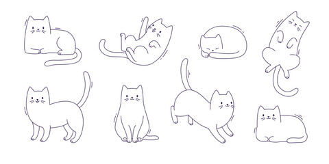 Set of outline cat poses. Cute vector sketch kitten collection. Funny cats silhouettes bundle.