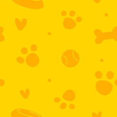 Yellow dog pattern with accessories silhouette. Seamless vector pet print for goods.