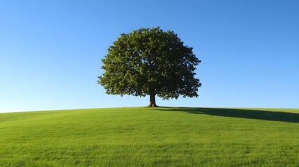 Obraz premium Solitary Oak Tree on Lush Green Hill Under Clear Blue Sky