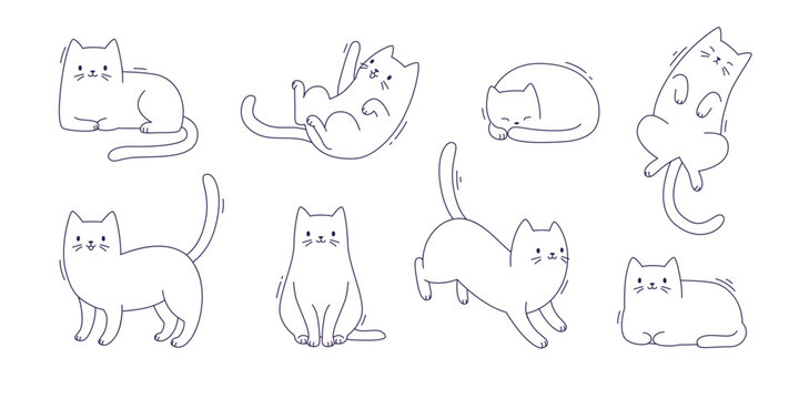 Set of outline cat poses. Cute vector sketch kitten collection. Funny cats silhouettes bundle.