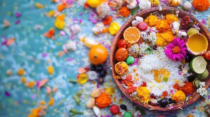 Colorful Festival Rice Offering in Bowl