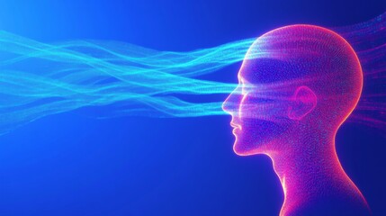 A vivid, digital representation of a human head in profile, with colorful waves emanating from the forehead, symbolizing thought or creativity.