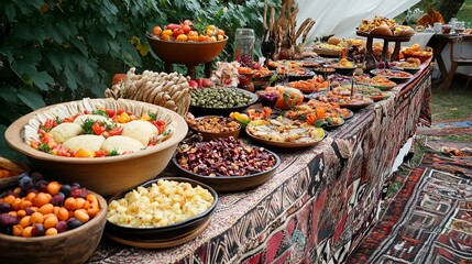 Colorful Spread of Traditional Dishes at a Family Celebration, Featuring Fresh Ingredients and Delicious Flavors &ndash; Vibrant Food Photography