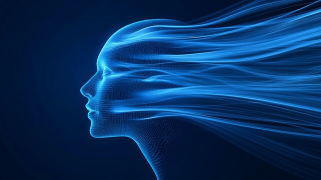 A digital illustration of a human profile with flowing blue lines, symbolizing thoughts or ideas moving through space.