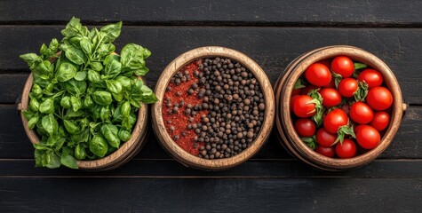 Fresh ingredients display basil black pepper and tomatoes in rustic bowls culinary setting overhead view