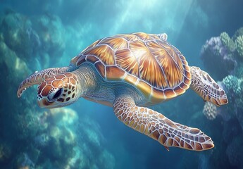 Fototapeta premium Graceful turtle swimming in vibrant coral reef, showcasing stunning shell patterns and underwater beauty, surrounded by colorful marine life