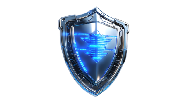 Futuristic metallic shield glowing blue digital protection security isolated on transparent background