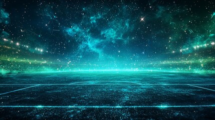Futuristic stadium night, cosmic sky, empty field, game prep