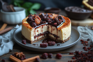 Decadent Chocolate Berry Cheesecake on Rustic Wooden Table