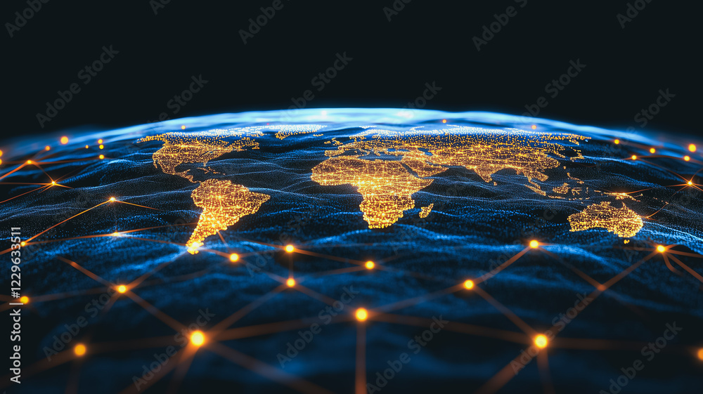 Poster global network: a mesmerizing visualization of the world map at night, illuminated by city lights, i