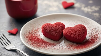 Obraz premium Heart-shaped desserts on a plate with decorative sugar for romantic celebrations, Valentines Day, or special occasions. Sweet treats and love-themed dining.