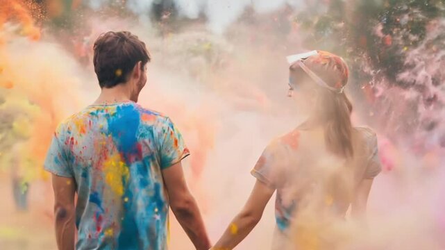 This couple joyfully enjoying the Holi festival while getting covered in colorful powders.