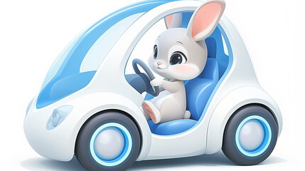 Bunny in a car on plain white background