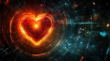 Fiery heart in digital space symbolizing connection and energy in technology
