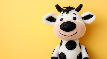 Naklejka premium Adorable Felt Cow Toy Against Yellow Background