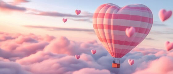 Fototapeta premium Hot air balloon flying above clouds with heart-shaped designs, symbolizing love and romance in a dreamy sky filled with pastel colors and floating hearts.