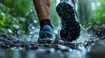 A close-up of a runner's shoes splashing through puddles, capturing the powerful steps and water droplets flying off the soles, with a blurred background to emphasize motion and energy in the movement
